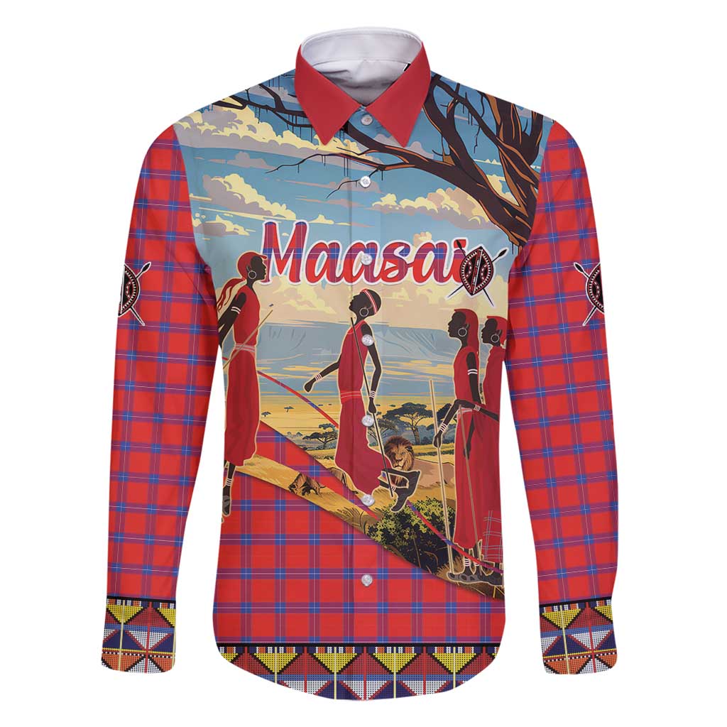 Kenya Adumu Dance Family Matching Off Shoulder Maxi Dress and Hawaiian Shirt Maasai Shuka Pattern - Kenyan Safari