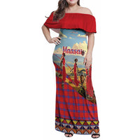Kenya Adumu Dance Family Matching Off Shoulder Maxi Dress and Hawaiian Shirt Maasai Shuka Pattern - Kenyan Safari