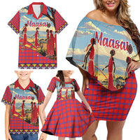 Kenya Adumu Dance Family Matching Off Shoulder Short Dress and Hawaiian Shirt Maasai Shuka Pattern - Kenyan Safari