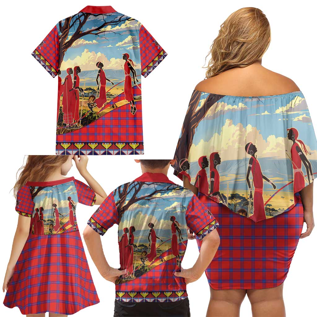 Kenya Adumu Dance Family Matching Off Shoulder Short Dress and Hawaiian Shirt Maasai Shuka Pattern - Kenyan Safari