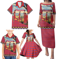 Kenya Adumu Dance Family Matching Puletasi and Hawaiian Shirt Maasai Shuka Pattern - Kenyan Safari