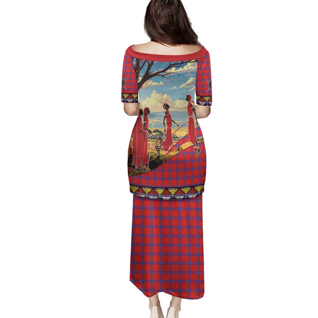 Kenya Adumu Dance Family Matching Puletasi and Hawaiian Shirt Maasai Shuka Pattern - Kenyan Safari