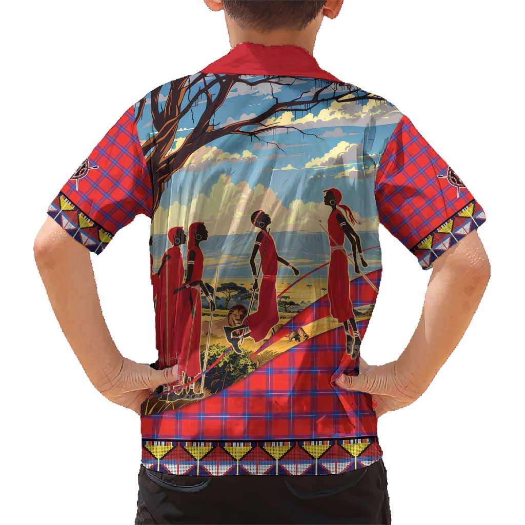 Kenya Adumu Dance Family Matching Short Sleeve Bodycon Dress and Hawaiian Shirt Maasai Shuka Pattern - Kenyan Safari