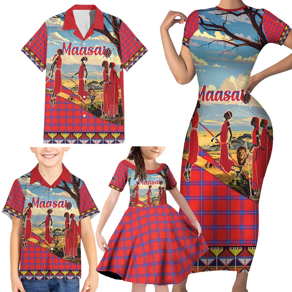 Kenya Adumu Dance Family Matching Short Sleeve Bodycon Dress and Hawaiian Shirt Maasai Shuka Pattern - Kenyan Safari