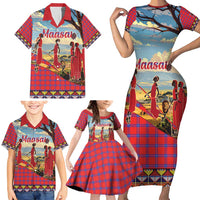 Kenya Adumu Dance Family Matching Short Sleeve Bodycon Dress and Hawaiian Shirt Maasai Shuka Pattern - Kenyan Safari
