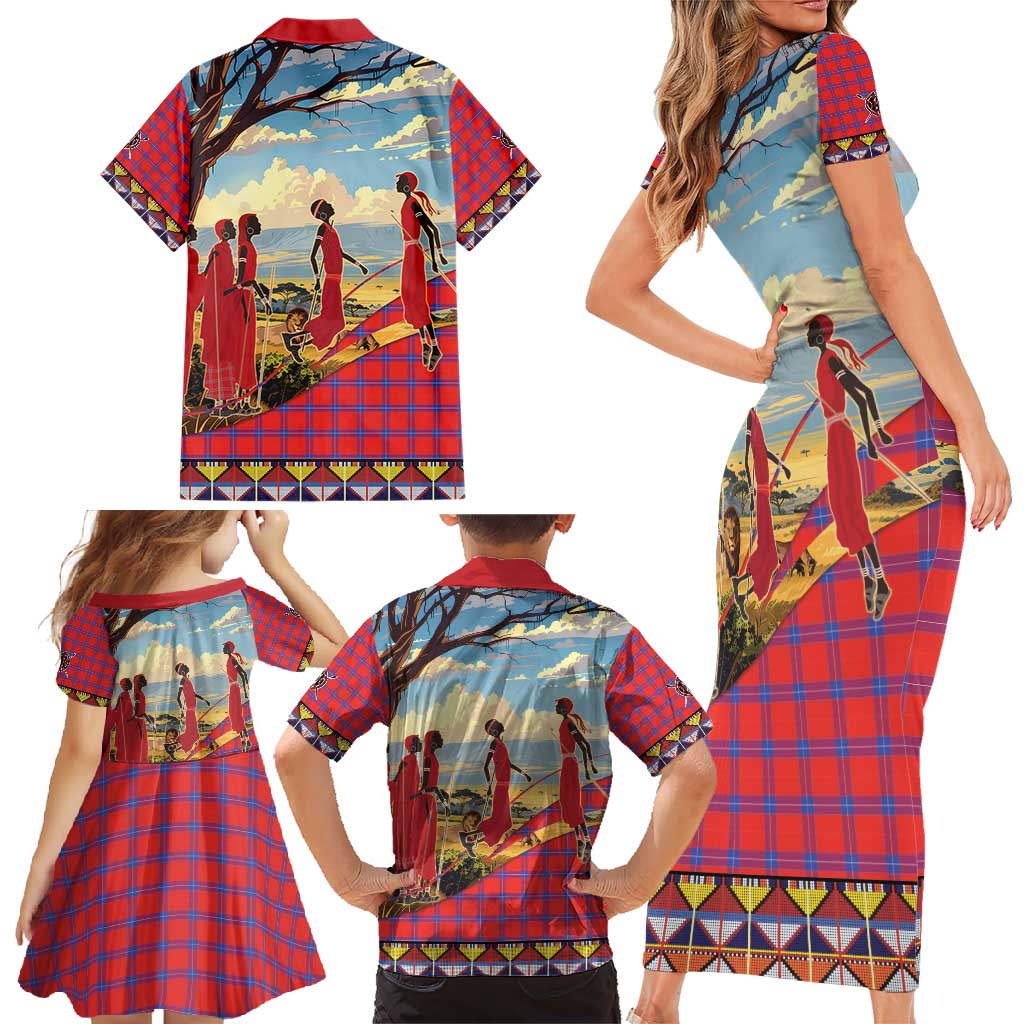 Kenya Adumu Dance Family Matching Short Sleeve Bodycon Dress and Hawaiian Shirt Maasai Shuka Pattern - Kenyan Safari
