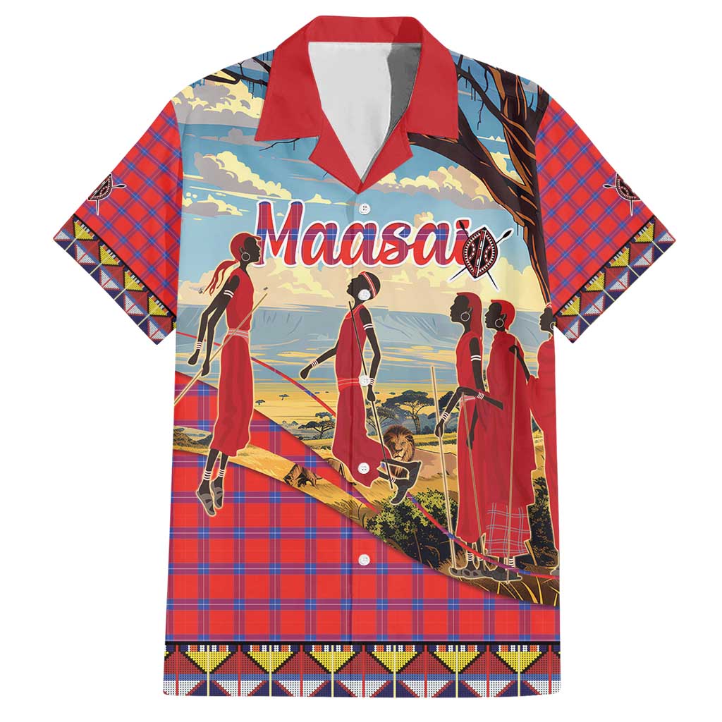 Kenya Adumu Dance Family Matching Short Sleeve Bodycon Dress and Hawaiian Shirt Maasai Shuka Pattern - Kenyan Safari