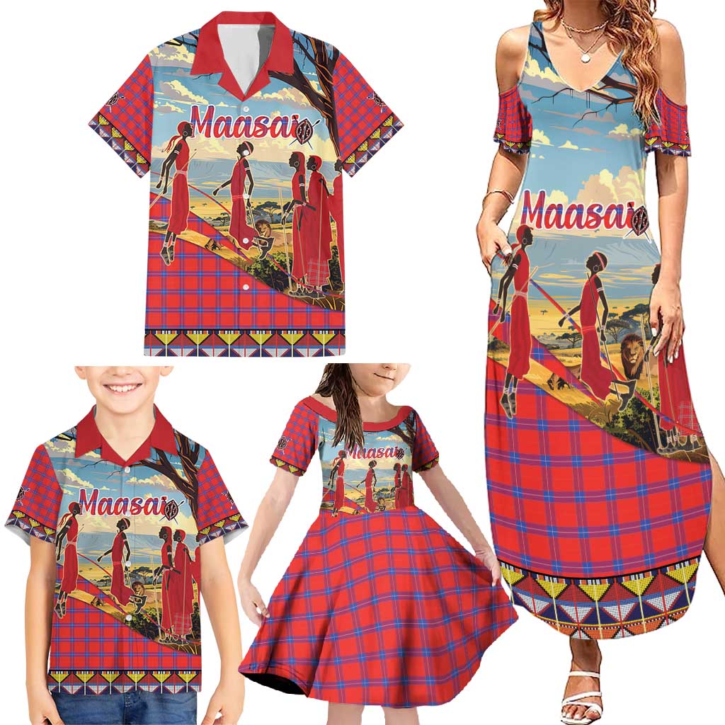Kenya Adumu Dance Family Matching Summer Maxi Dress and Hawaiian Shirt Maasai Shuka Pattern - Kenyan Safari