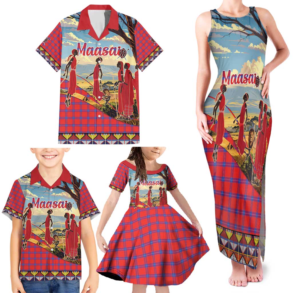 Kenya Adumu Dance Family Matching Tank Maxi Dress and Hawaiian Shirt Maasai Shuka Pattern - Kenyan Safari