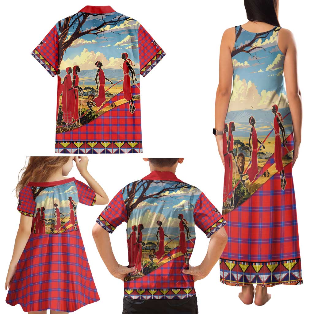 Kenya Adumu Dance Family Matching Tank Maxi Dress and Hawaiian Shirt Maasai Shuka Pattern - Kenyan Safari