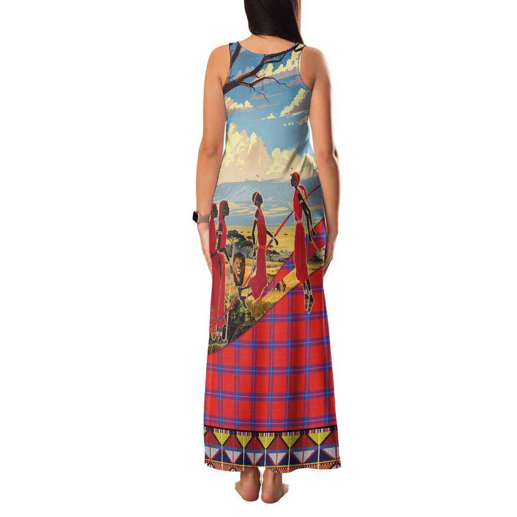 Kenya Adumu Dance Family Matching Tank Maxi Dress and Hawaiian Shirt Maasai Shuka Pattern - Kenyan Safari