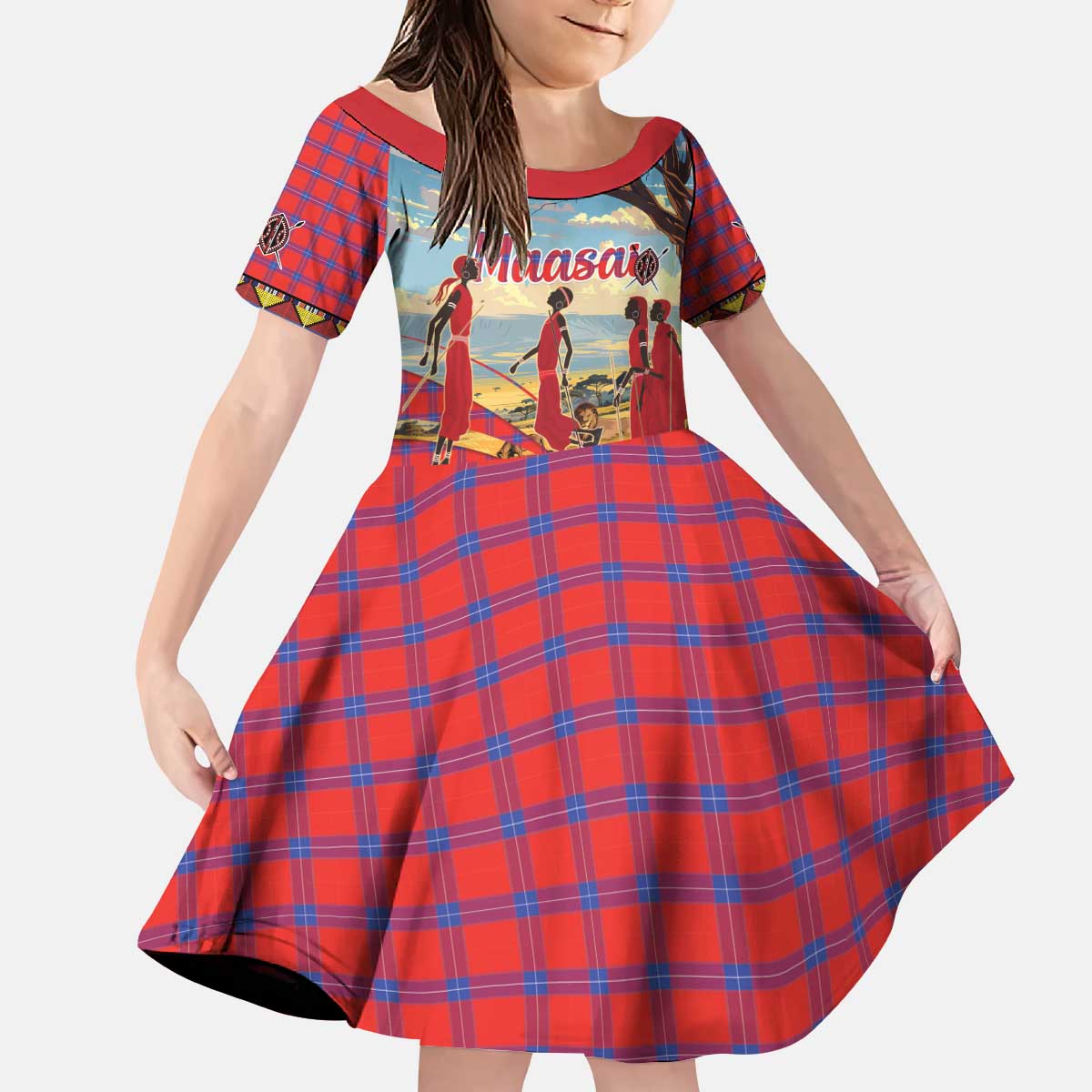 Kenya Adumu Dance Kid Short Sleeve Dress Maasai Shuka Pattern - Kenyan Safari
