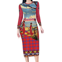 Kenya Adumu Dance Long Sleeve Bodycon Dress Maasai Shuka Pattern - Kenyan Safari