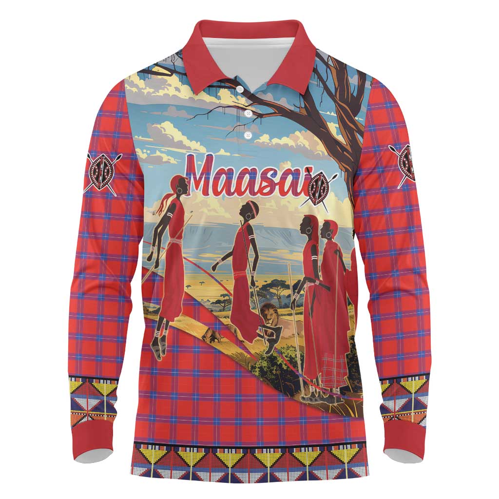 Kenya Adumu Dance Long Sleeve Polo Shirt Maasai Shuka Pattern - Kenyan Safari