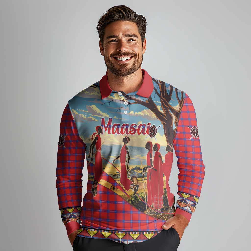 Kenya Adumu Dance Long Sleeve Polo Shirt Maasai Shuka Pattern - Kenyan Safari