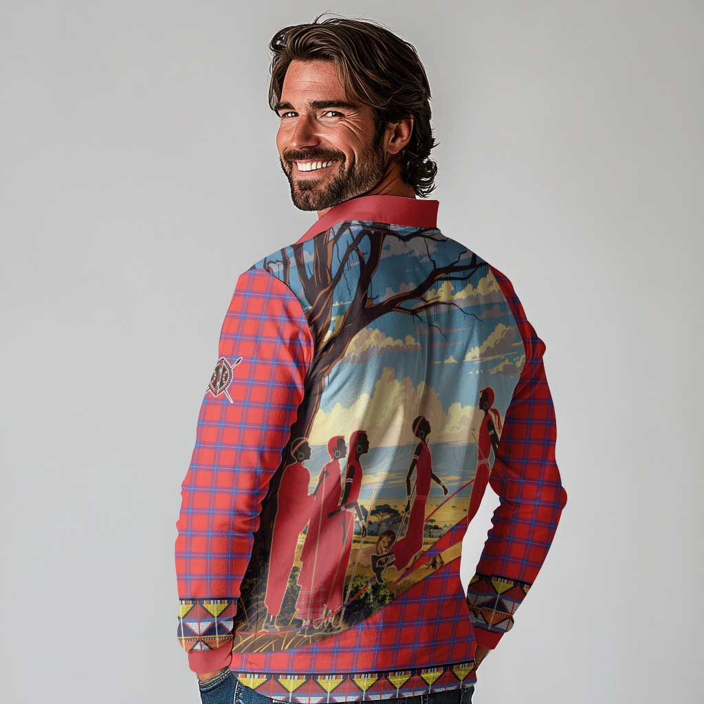 Kenya Adumu Dance Long Sleeve Polo Shirt Maasai Shuka Pattern - Kenyan Safari