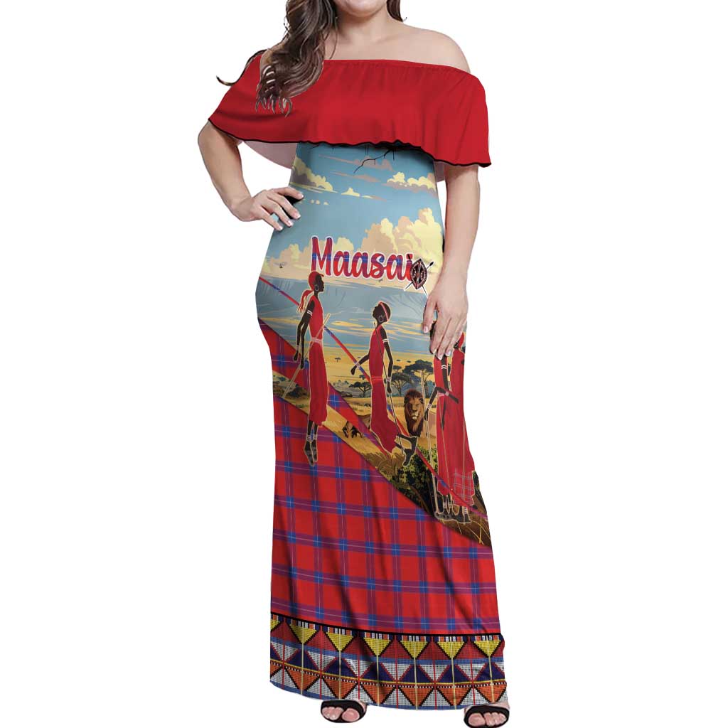 Kenya Adumu Dance Off Shoulder Maxi Dress Maasai Shuka Pattern - Kenyan Safari