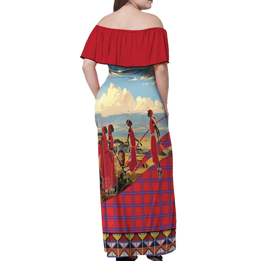 Kenya Adumu Dance Off Shoulder Maxi Dress Maasai Shuka Pattern - Kenyan Safari