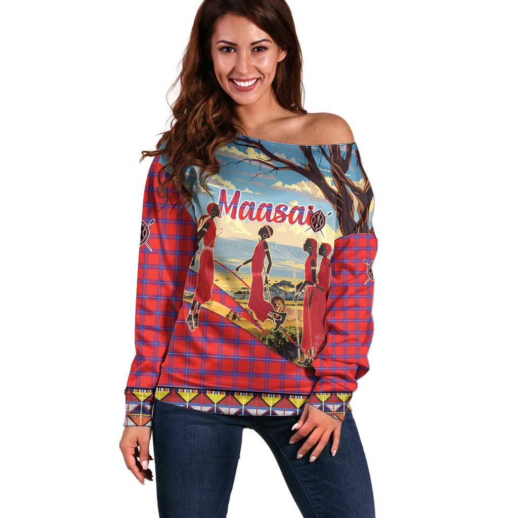 Kenya Adumu Dance Off Shoulder Sweater Maasai Shuka Pattern - Kenyan Safari