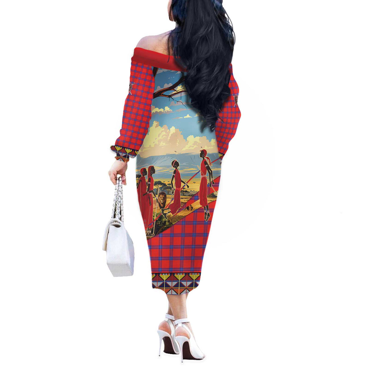 Kenya Adumu Dance Off The Shoulder Long Sleeve Dress Maasai Shuka Pattern - Kenyan Safari