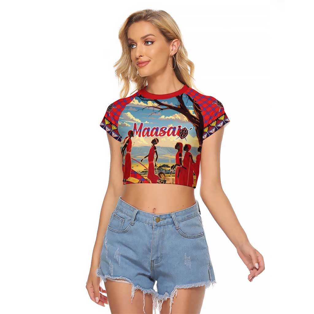 Kenya Adumu Dance Raglan Cropped T Shirt Maasai Shuka Pattern - Kenyan Safari