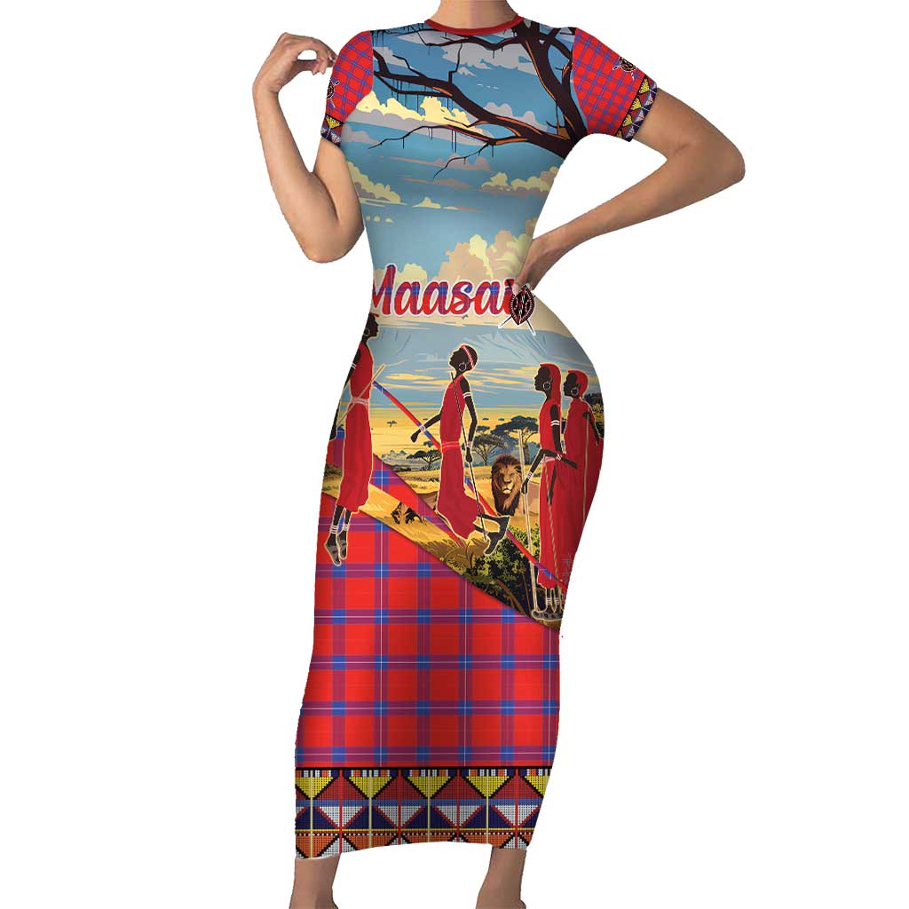 Kenya Adumu Dance Short Sleeve Bodycon Dress Maasai Shuka Pattern - Kenyan Safari