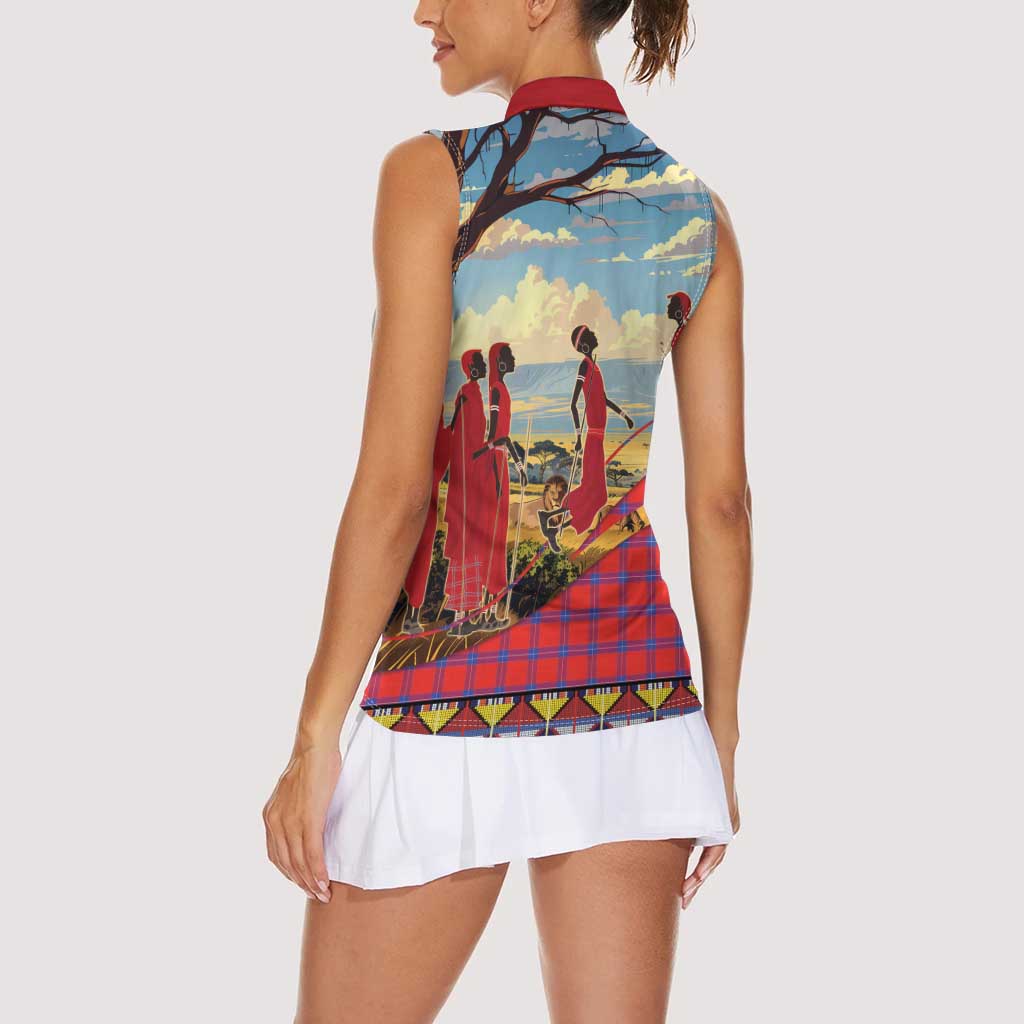 Kenya Adumu Dance Women Sleeveless Polo Shirt Maasai Shuka Pattern - Kenyan Safari