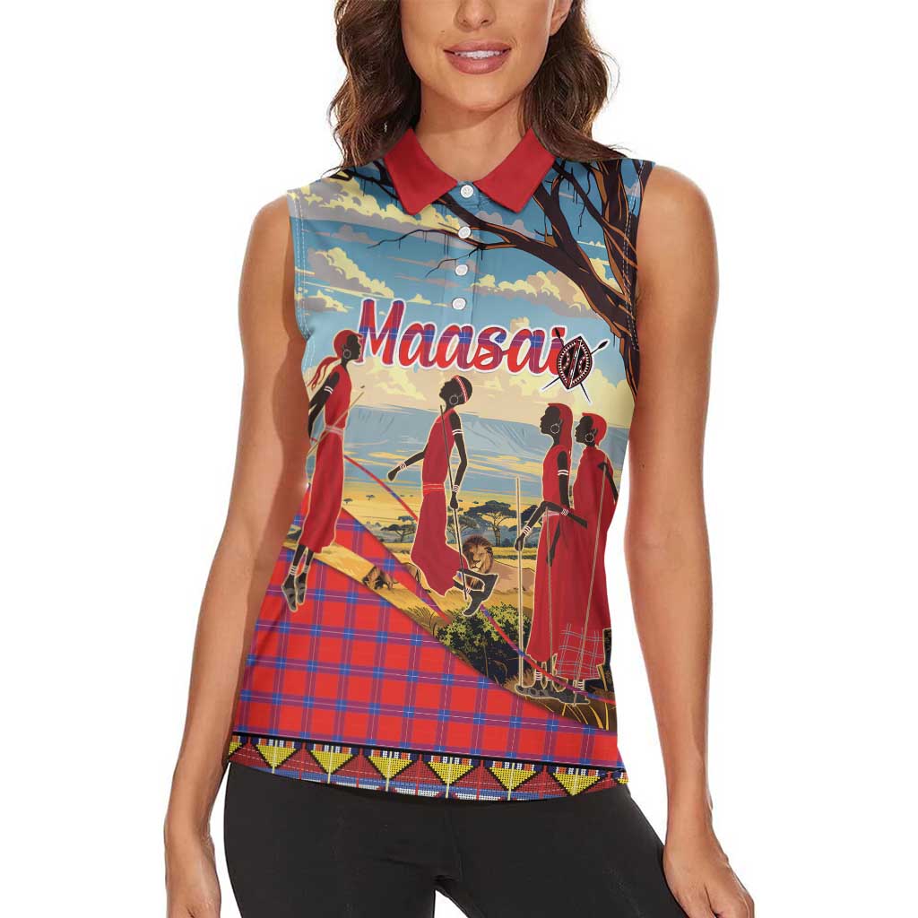 Kenya Adumu Dance Women Sleeveless Polo Shirt Maasai Shuka Pattern - Kenyan Safari