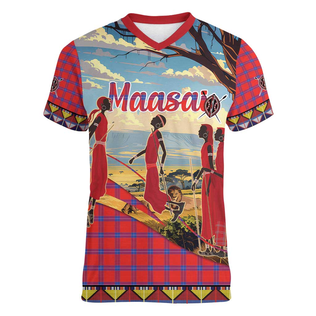 Kenya Adumu Dance Women V-Neck T-Shirt Maasai Shuka Pattern - Kenyan Safari