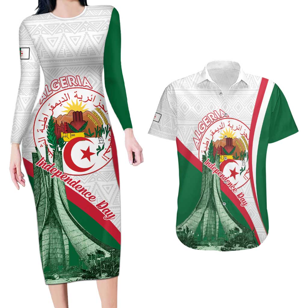 Happy Algeria Independence Day Couples Matching Long Sleeve Bodycon Dress and Hawaiian Shirt Maqam Echahid Coat Of Arms