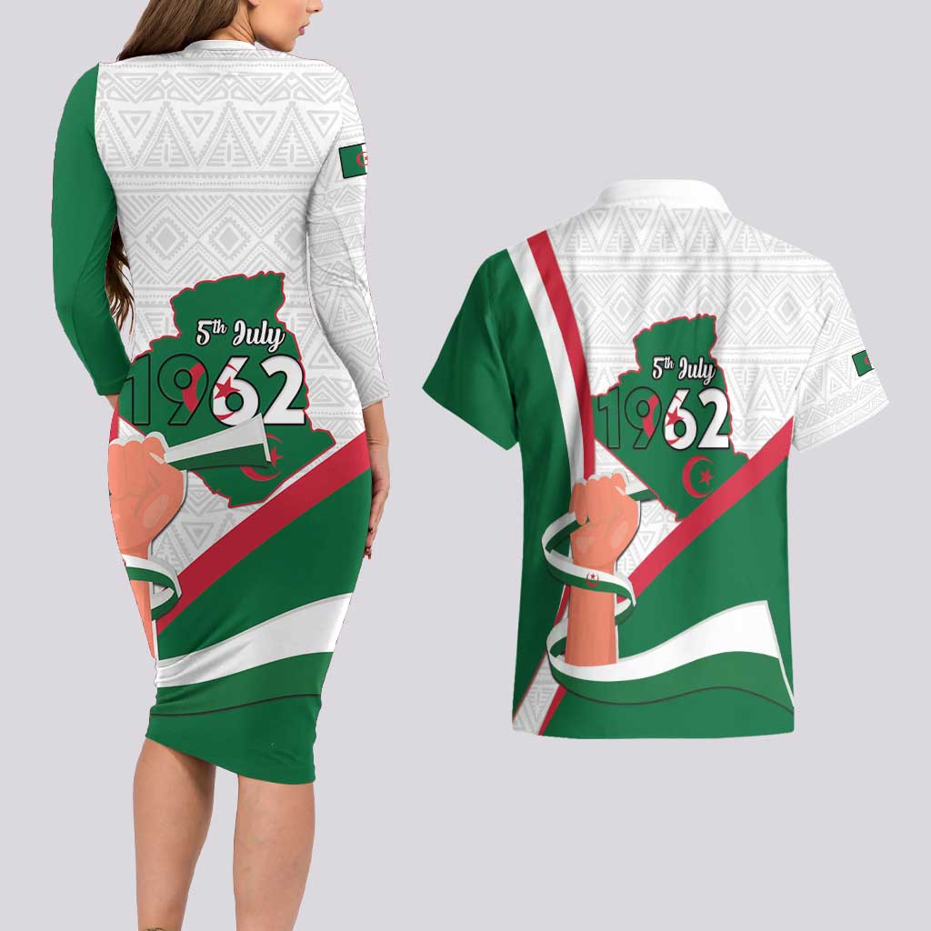 Happy Algeria Independence Day Couples Matching Long Sleeve Bodycon Dress and Hawaiian Shirt Maqam Echahid Coat Of Arms