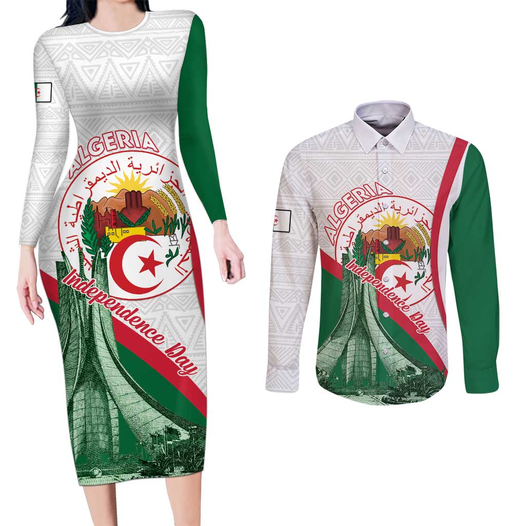 Happy Algeria Independence Day Couples Matching Long Sleeve Bodycon Dress and Long Sleeve Button Shirt Maqam Echahid Coat Of Arms