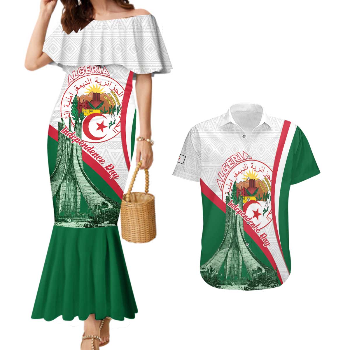 Happy Algeria Independence Day Couples Matching Mermaid Dress and Hawaiian Shirt Maqam Echahid Coat Of Arms