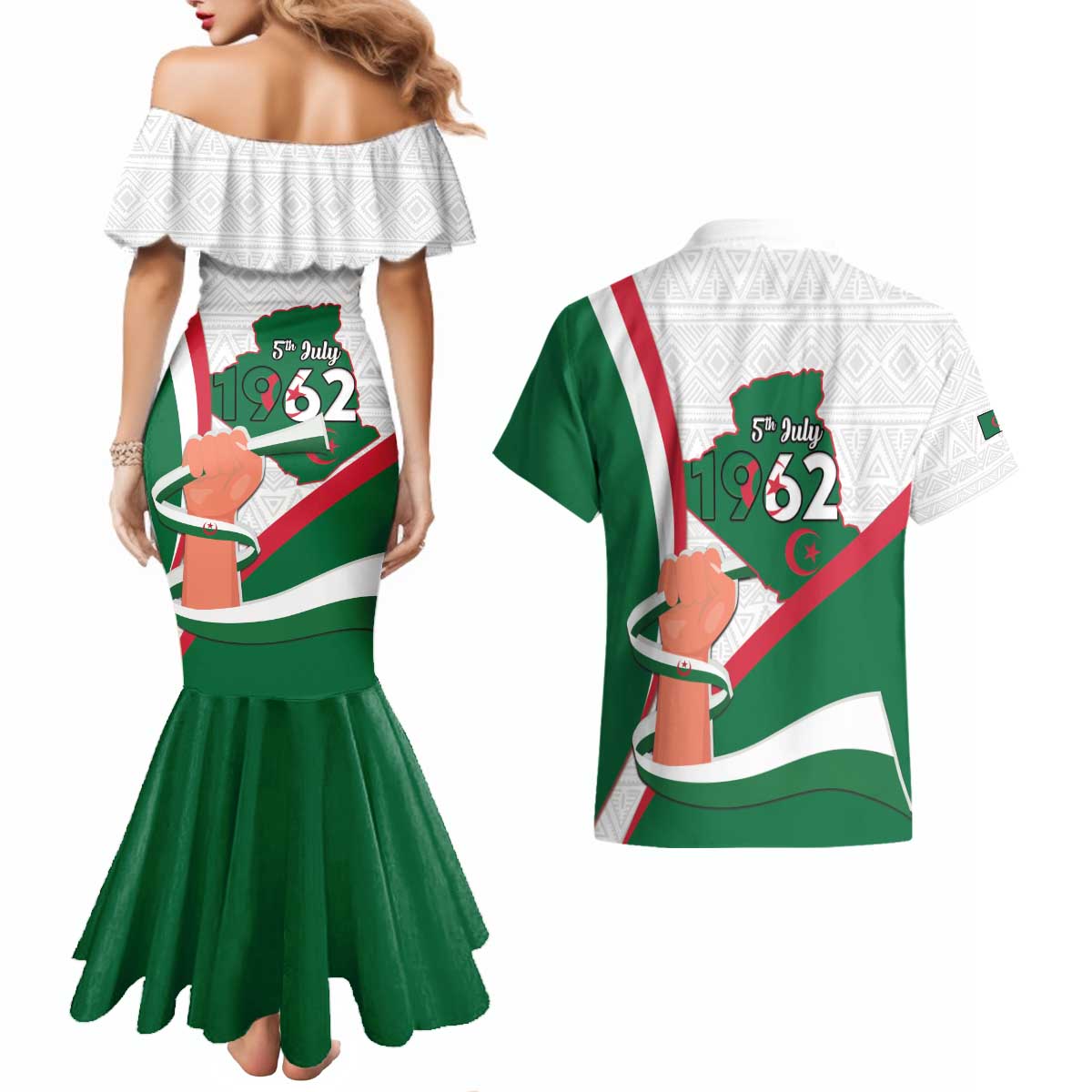 Happy Algeria Independence Day Couples Matching Mermaid Dress and Hawaiian Shirt Maqam Echahid Coat Of Arms