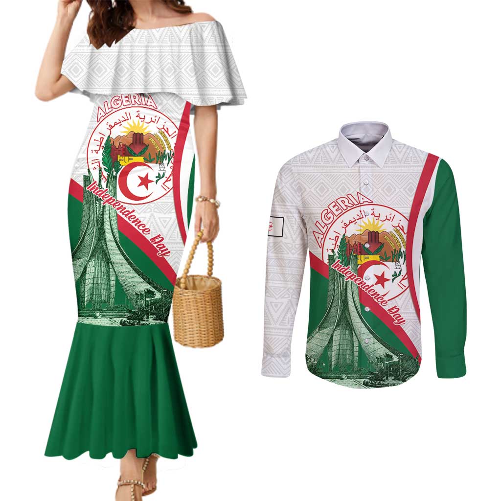 Happy Algeria Independence Day Couples Matching Mermaid Dress and Long Sleeve Button Shirt Maqam Echahid Coat Of Arms