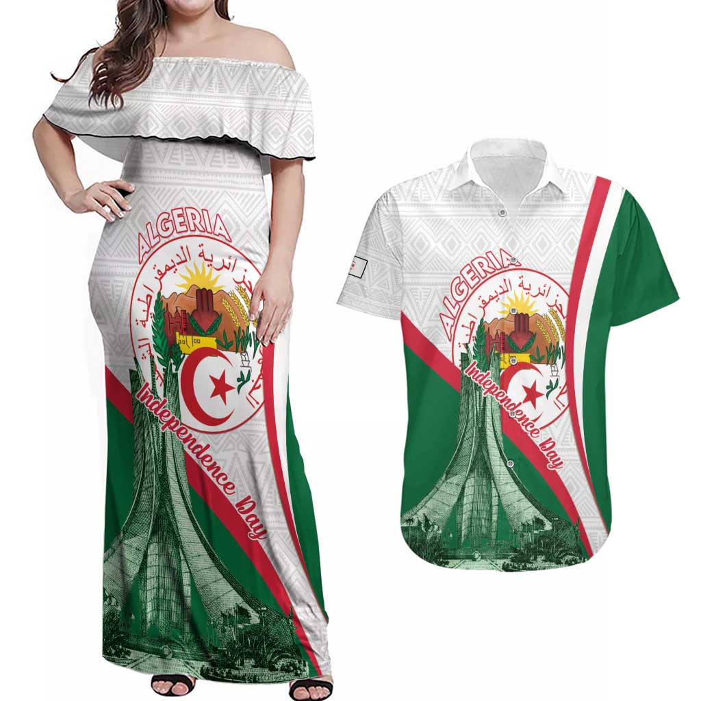 Happy Algeria Independence Day Couples Matching Off Shoulder Maxi Dress and Hawaiian Shirt Maqam Echahid Coat Of Arms