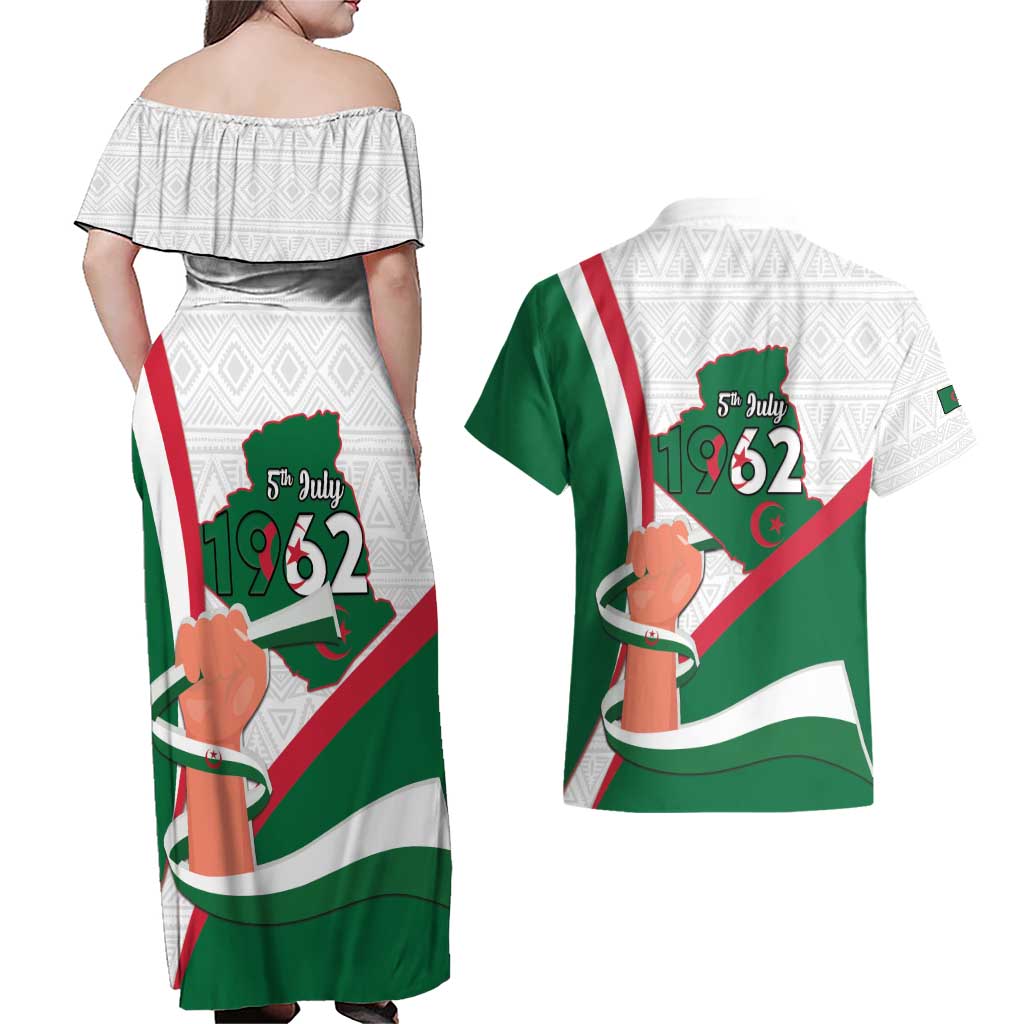 Happy Algeria Independence Day Couples Matching Off Shoulder Maxi Dress and Hawaiian Shirt Maqam Echahid Coat Of Arms