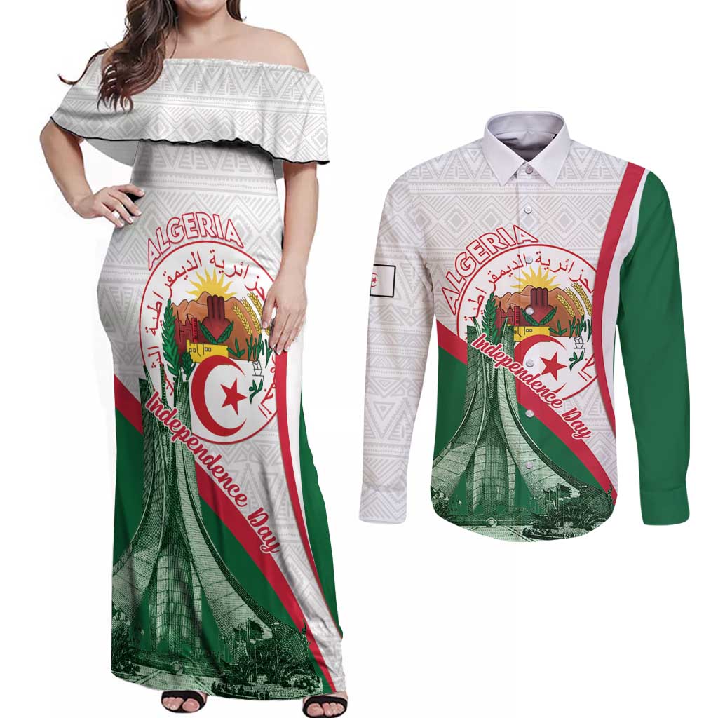 Happy Algeria Independence Day Couples Matching Off Shoulder Maxi Dress and Long Sleeve Button Shirt Maqam Echahid Coat Of Arms