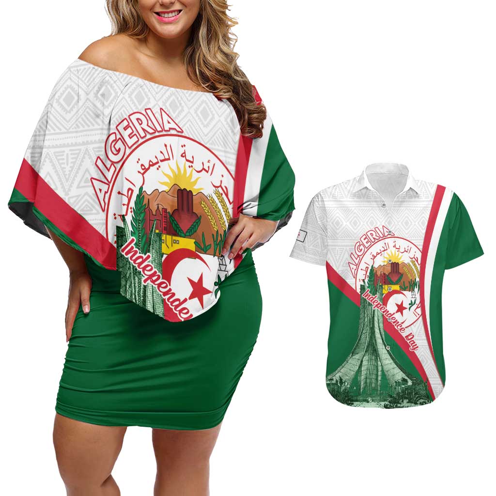 Happy Algeria Independence Day Couples Matching Off Shoulder Short Dress and Hawaiian Shirt Maqam Echahid Coat Of Arms