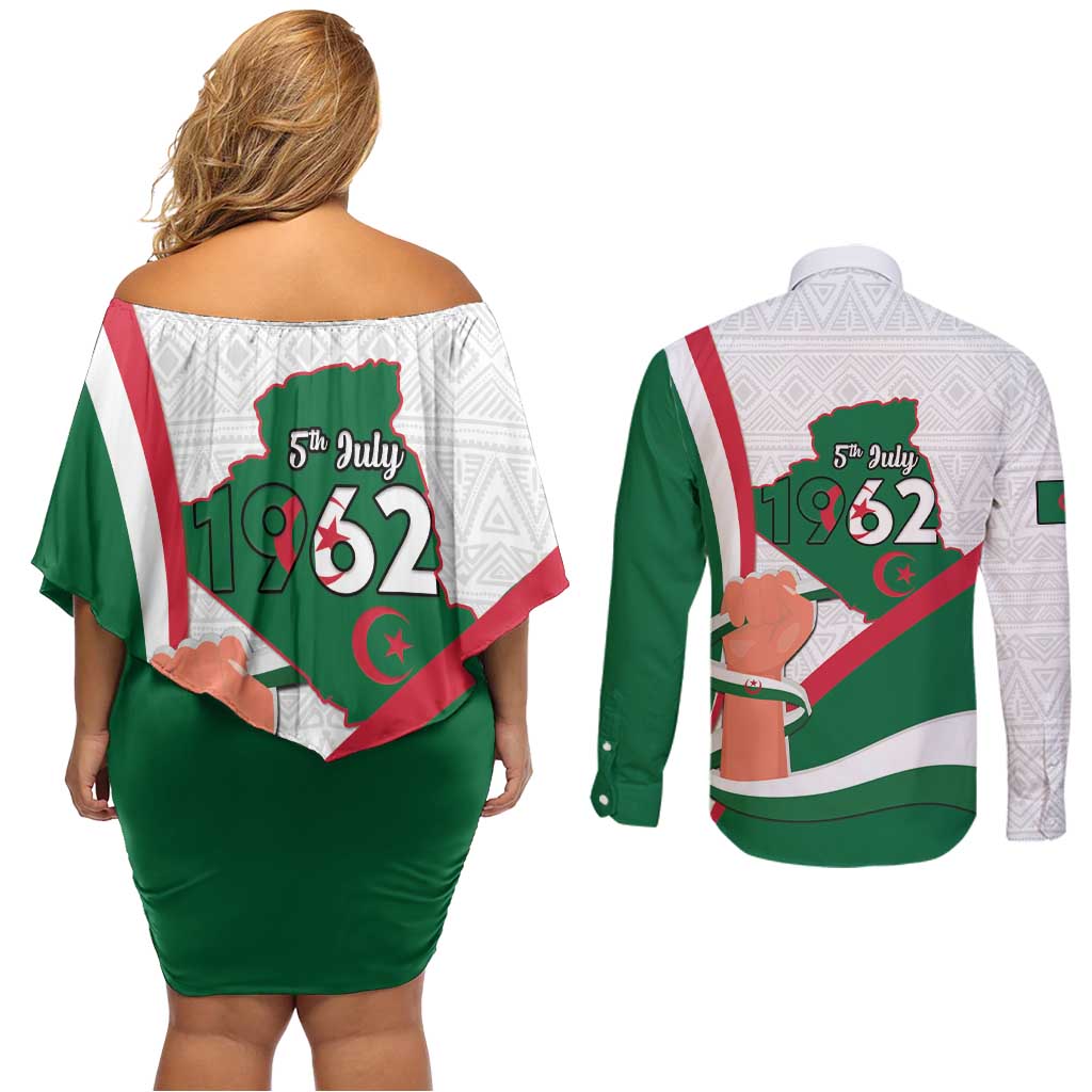 Happy Algeria Independence Day Couples Matching Off Shoulder Short Dress and Long Sleeve Button Shirt Maqam Echahid Coat Of Arms