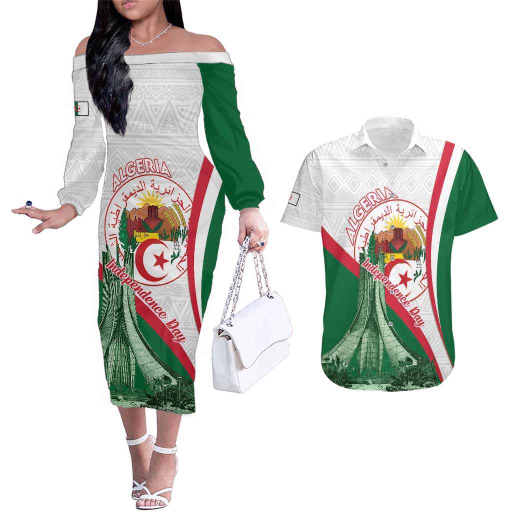 Happy Algeria Independence Day Couples Matching Off The Shoulder Long Sleeve Dress and Hawaiian Shirt Maqam Echahid Coat Of Arms