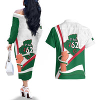 Happy Algeria Independence Day Couples Matching Off The Shoulder Long Sleeve Dress and Hawaiian Shirt Maqam Echahid Coat Of Arms