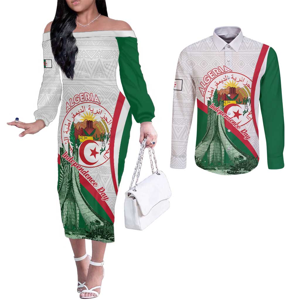 Happy Algeria Independence Day Couples Matching Off The Shoulder Long Sleeve Dress and Long Sleeve Button Shirt Maqam Echahid Coat Of Arms