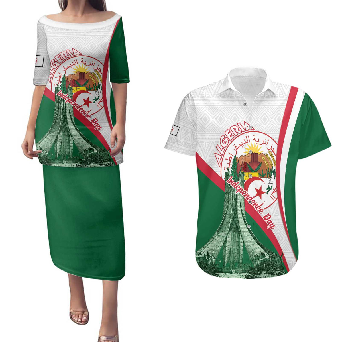 Happy Algeria Independence Day Couples Matching Puletasi and Hawaiian Shirt Maqam Echahid Coat Of Arms
