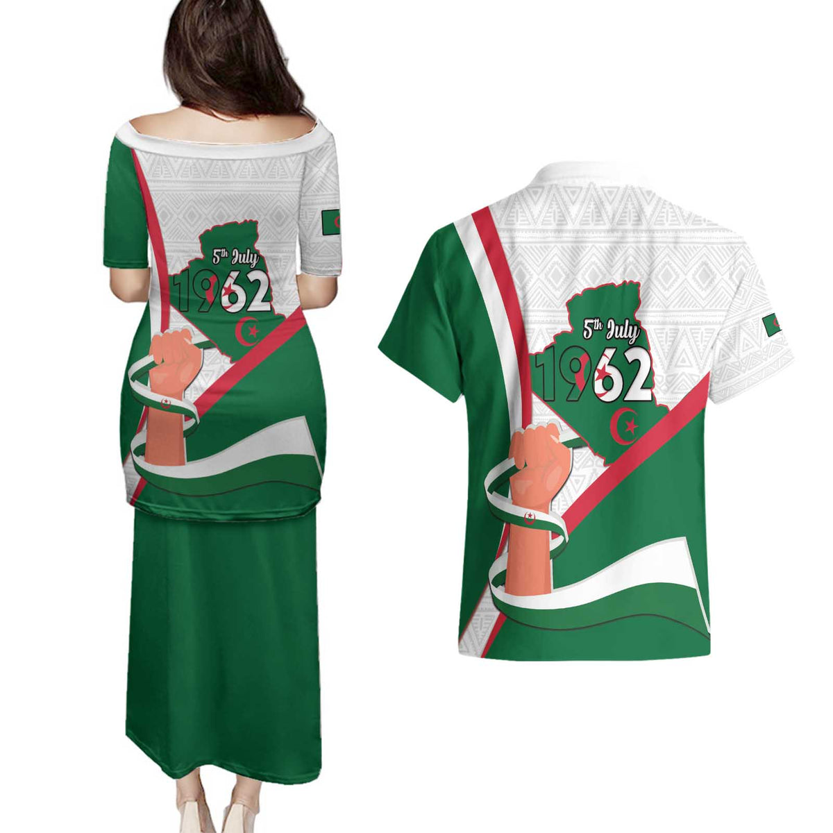 Happy Algeria Independence Day Couples Matching Puletasi and Hawaiian Shirt Maqam Echahid Coat Of Arms