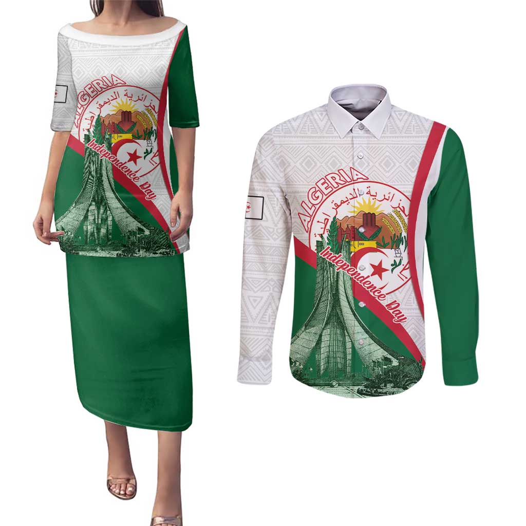 Happy Algeria Independence Day Couples Matching Puletasi and Long Sleeve Button Shirt Maqam Echahid Coat Of Arms