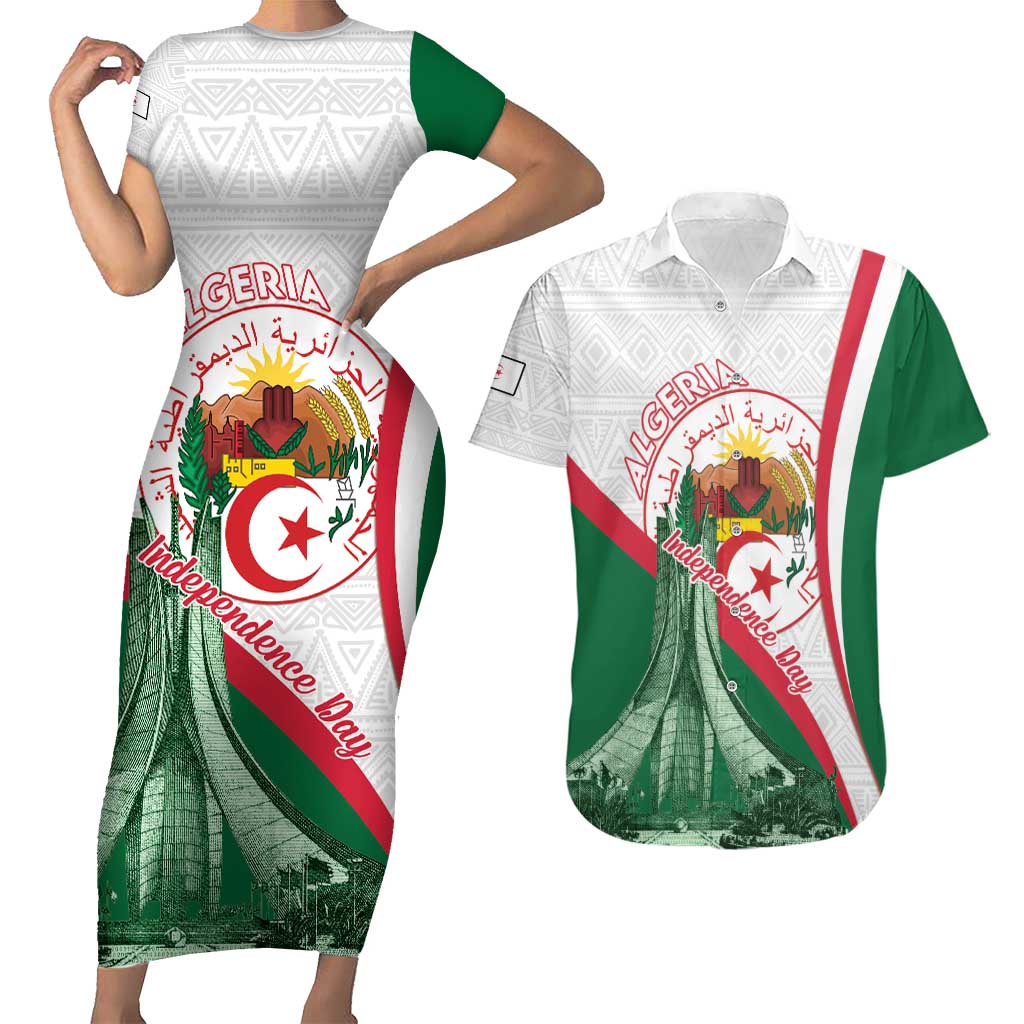Happy Algeria Independence Day Couples Matching Short Sleeve Bodycon Dress and Hawaiian Shirt Maqam Echahid Coat Of Arms