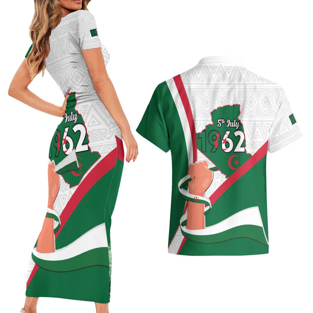 Happy Algeria Independence Day Couples Matching Short Sleeve Bodycon Dress and Hawaiian Shirt Maqam Echahid Coat Of Arms