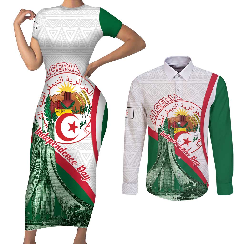 Happy Algeria Independence Day Couples Matching Short Sleeve Bodycon Dress and Long Sleeve Button Shirt Maqam Echahid Coat Of Arms
