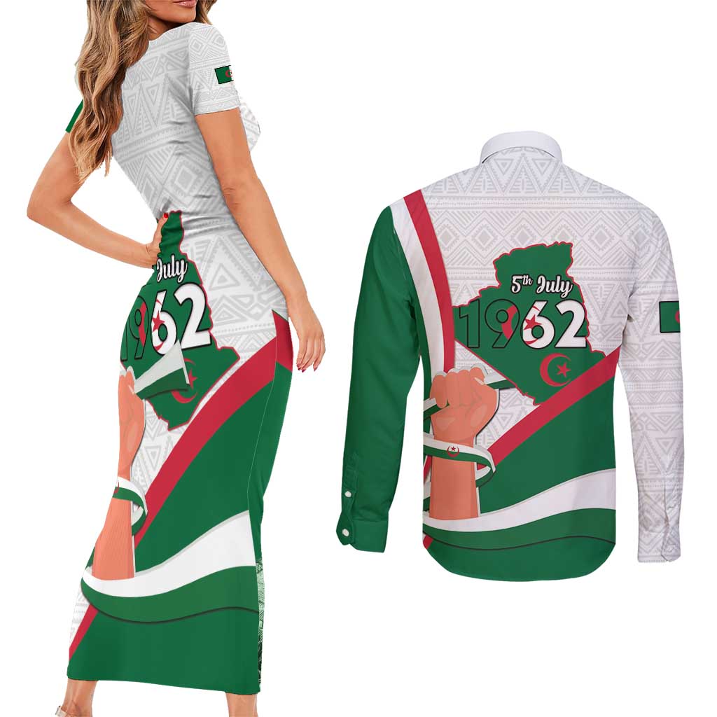 Happy Algeria Independence Day Couples Matching Short Sleeve Bodycon Dress and Long Sleeve Button Shirt Maqam Echahid Coat Of Arms